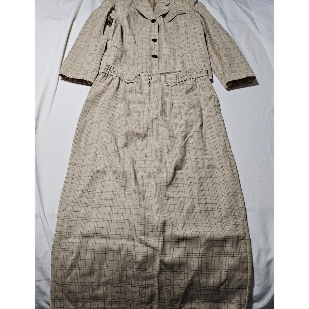 Norton McNaughton Skirt Suit Women 16 Tan Wool Grid Plaid Blazer Maxi Set VTG